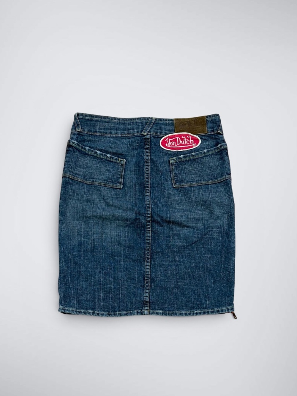 VTG 2000s Von Dutch Embroidered Red Oval Logo Patch Denim Pencil Skirt